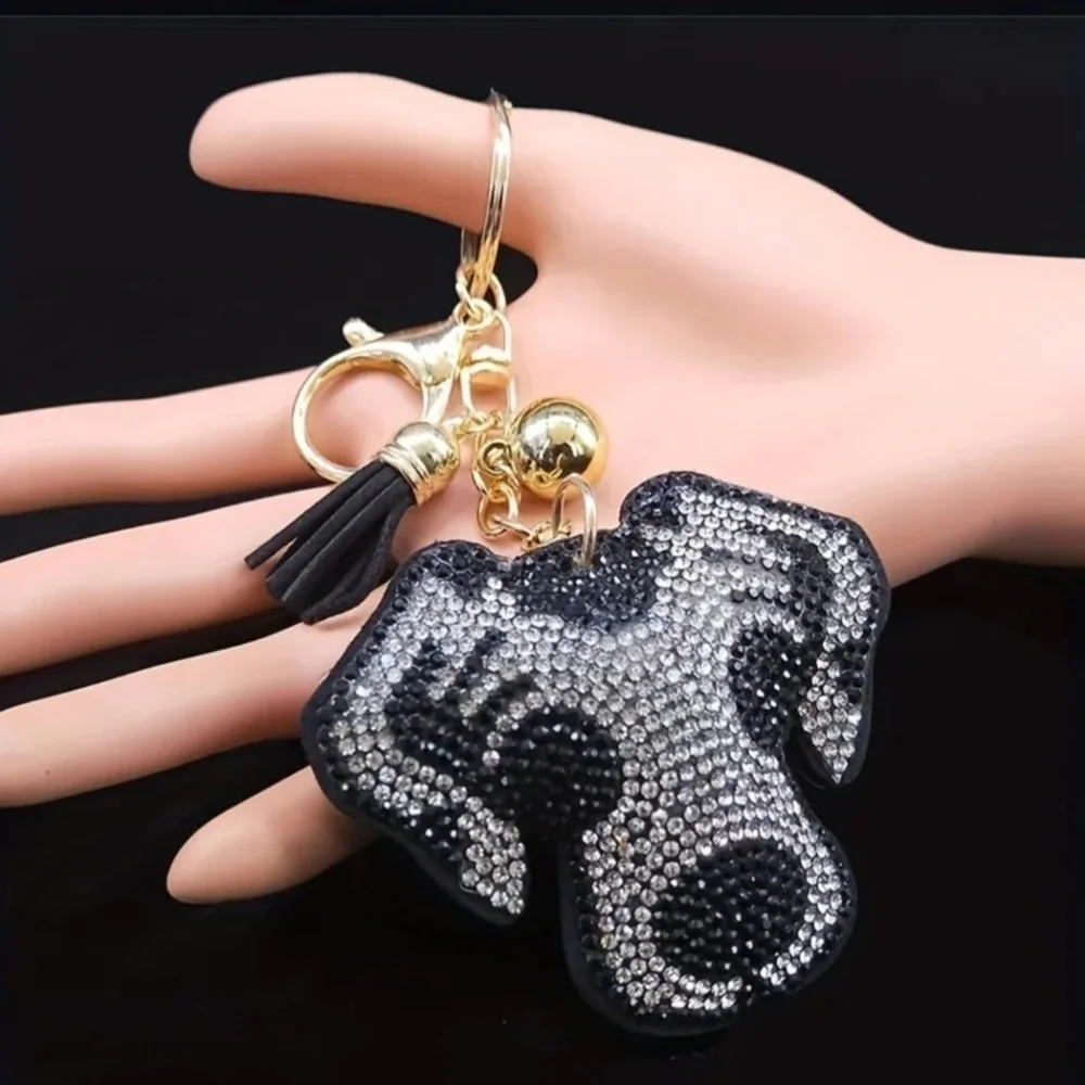 Bling Dog Crystal Rhinestone Keychain Bag Charm With Black Tassel